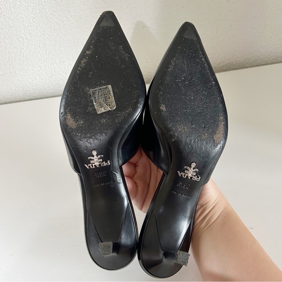Prada Black Leather Kitten Heel Mules Pointed Toe Logo Size EU 36.5 - Picture 10 of 12